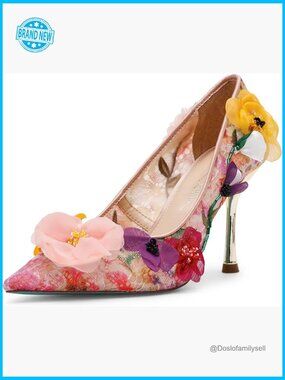 Pointed Toe Pumps Floral Applique Slip On Elegant Chic Heels Evening Wear